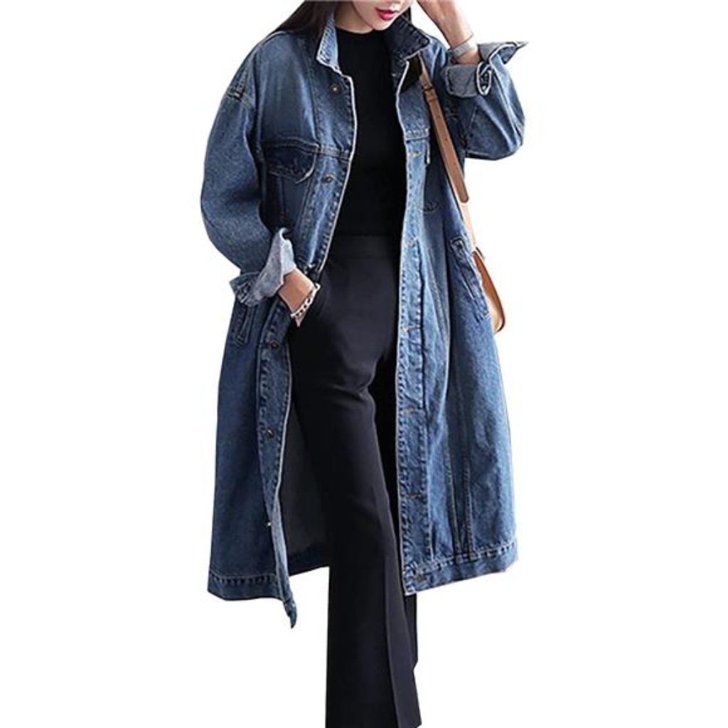 Womens Long Jean Jacket Loose Long Sleeve Button Down Denim Jacket Trench Coat